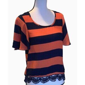 Rue 21 Womens Stripe Blouse Top Size XS Short Sleeve Lace Hem Navy Blue Orange